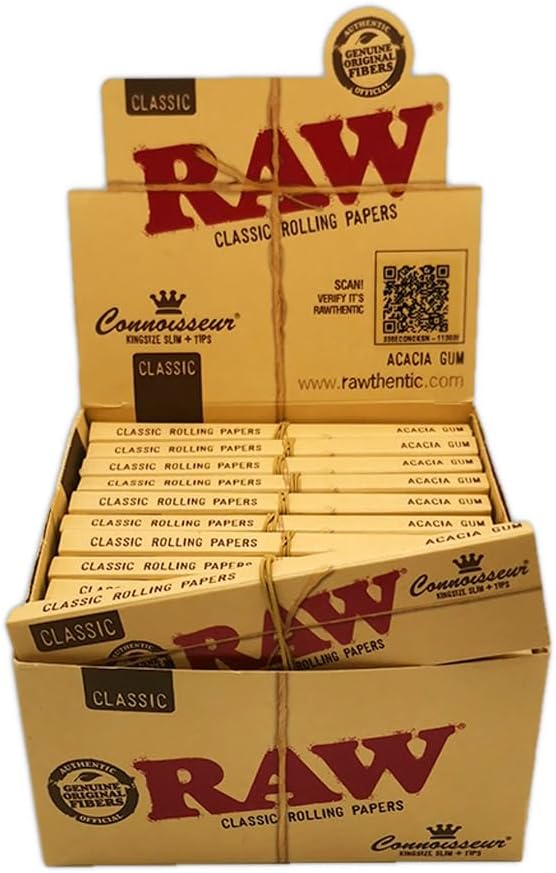 24 Raw Classic King Size Slim Rolling Papers + Tips (Connoisseur)